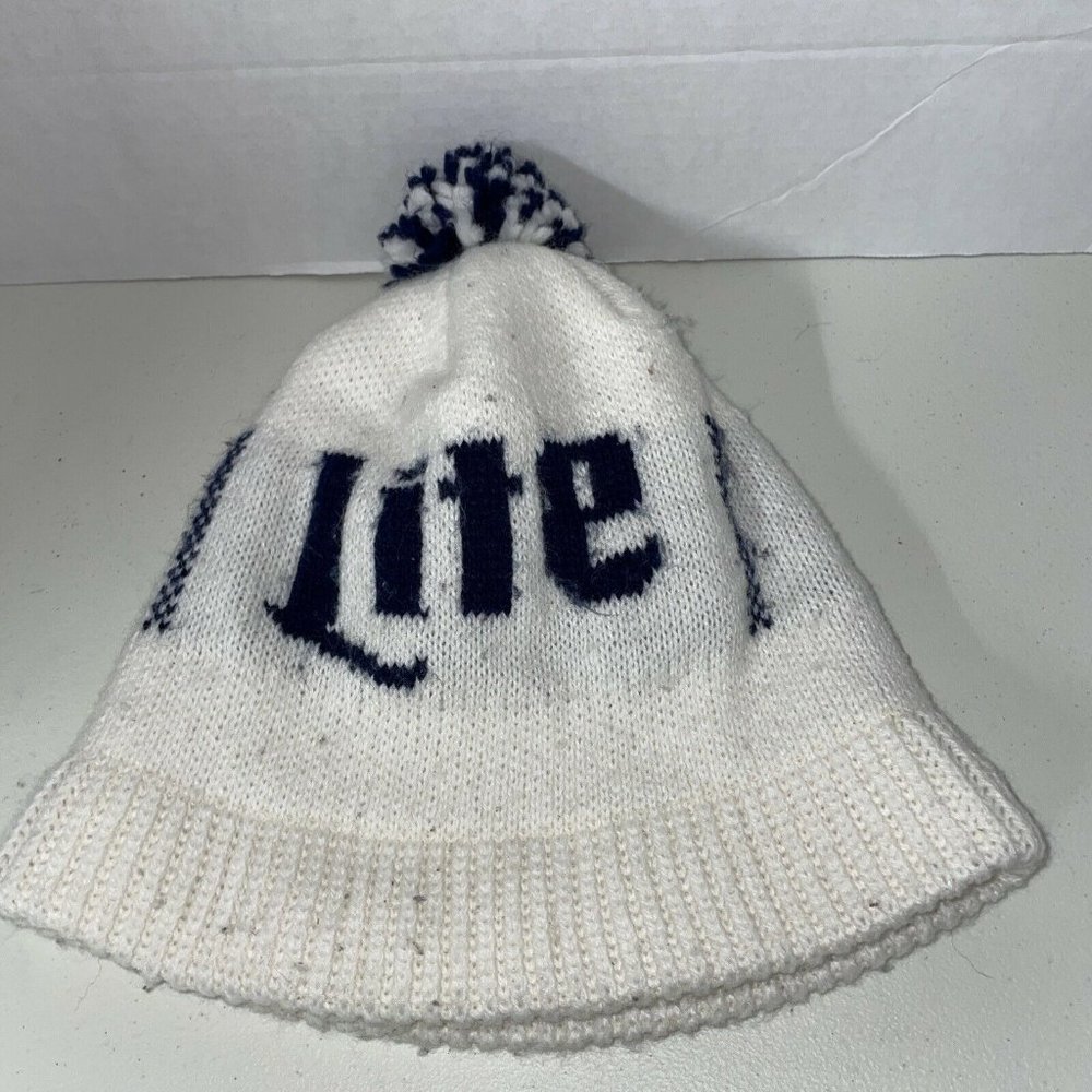 Vintage Miller Lite White, Winter Pom Ski Hat Cap Beanie